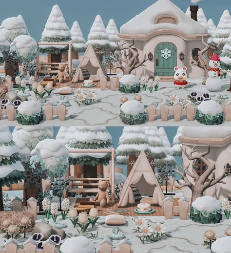 Acnh Flurry, Acnh Winter Beach Ideas, Snowy Path Acnh, Flurry Acnh, Winter House Exterior, Pink Island, Tree Signs, Island Design, Animal Crossing Game