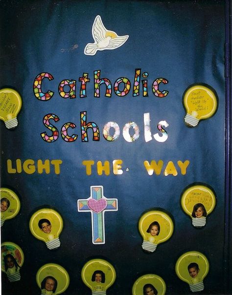 C for Catholic schools week Religious Bulletin Board Ideas, Catholic Schools Week Bulletin Board, Catholic Schools Week Activities, Catholic Bulletin Boards, Religious Bulletin Boards, Decorating Classroom, Religion Activities, Kindergarten Bulletin Boards, Catholic Schools Week