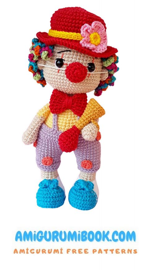 Pong Clown Amigurumi Free Pattern - Amigurumibook.com Clown Amigurumi, Clown Crochet, Clown Crochet Pattern, Doll Amigurumi Free Pattern, Free Amigurumi Crochet Patterns, Baby Cardigan Knitting Pattern Free, Clown Doll, Crochet Doll Tutorial, Granny Square Crochet Patterns Free