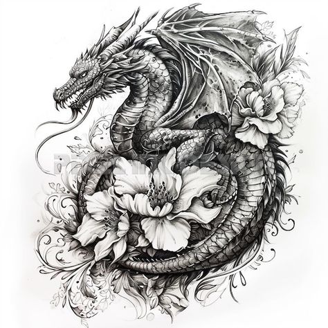 InklyTattooDesigns - Etsy Thailand Woman With Dragon Tattoo, Dragon Tattoo Add On, European Dragon Tattoo Design, Dark Mythical Tattoo, Dragon Tattoo Over Shoulder, Fierce Dragon Tattoo, Women’s Dragon Tattoo, Floral And Animal Tattoo, English Dragon Tattoo