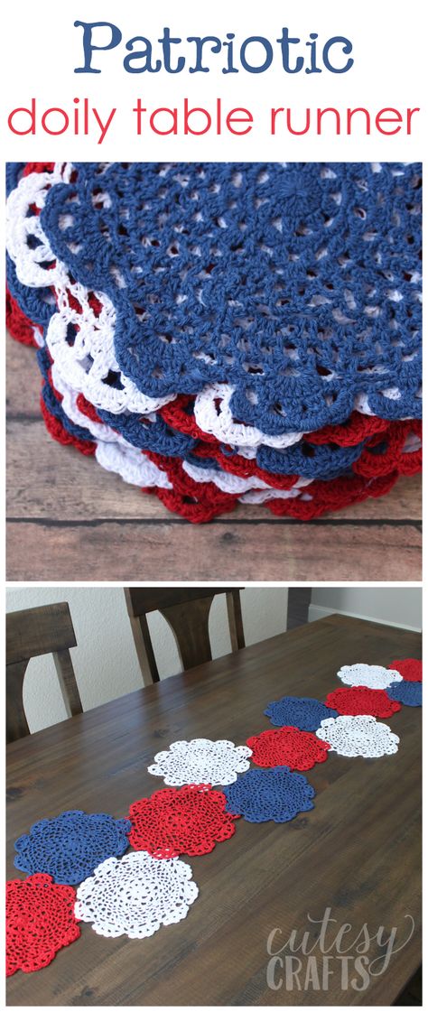 Patriotic Doily Table Runner By Jessica - Free Crochet Pattern - (cutesycrafts) Doily Table Runner, 4th Of July Craft, American Flag Blanket, Patriotic Table Runner, Crochet Table Runner Pattern, Look Festival, Crochet Table, Patriotic Crafts, Crochet Table Runner