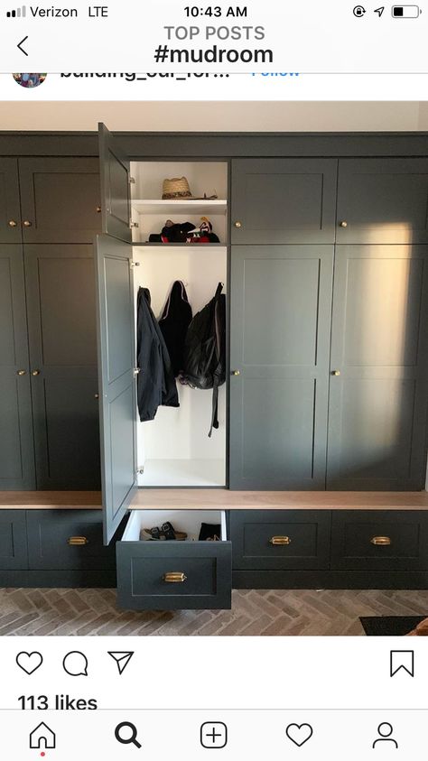 Mudroom Builtins With Doors, Long Hallway Mudroom Ideas, Iron Ore Mudroom Lockers, End Of Hall Closet, Black Cabinet Mudroom, Headboard Mudroom, Backpack Cabinet, Laundry Room Lockers, Front Entrance Closet