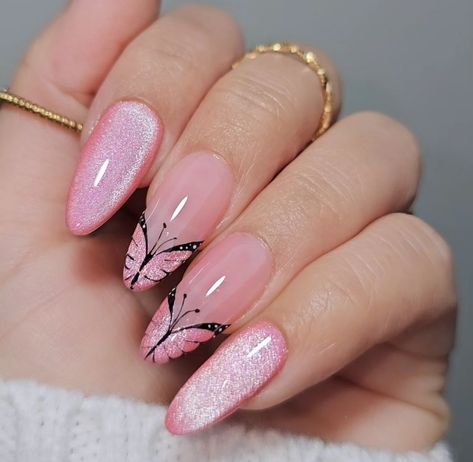 Butterfly French Nails, Glitter Butterfly Nails, Pink Butterfly Nails, Girly Nails, Uñas Ideas, Butterfly Nail Designs, Short Acrylics, Watermelon Nails, Butterfly Nails