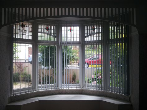 Vertical window blinds, curved vertical blinds, installed into a curved bay window here in Plymouth, by Blindology Blinds of Plymouth Bay Window Blinds, Kitchen Window Blinds, Bay Window Design, Bay Window Treatments, Vertical Window Blinds, Window Seat Design, Bay Window Curtains, Shaped Windows, Blinds Design