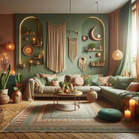 Earth Tones Living Room Paint, Boho Living Room Color Scheme, Room Inspo Clean, Sage Living Room, Sushi House, Earth Tone Living Room, Green Couch Living Room, Living Room Colour Schemes, Popular Home Decor