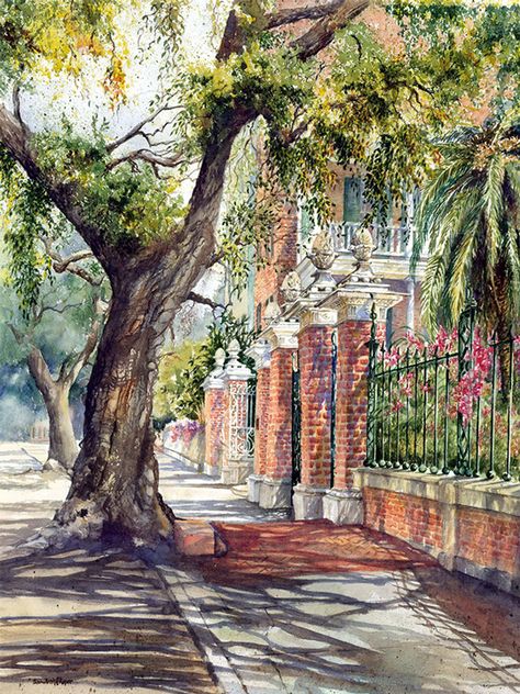 Watercolor House Painting, Southern Art, Watercolor Architecture, 수채화 그림, Watercolor Landscape Paintings, Landscape Drawings, Charleston Sc, Art Watercolor, Watercolor Landscape