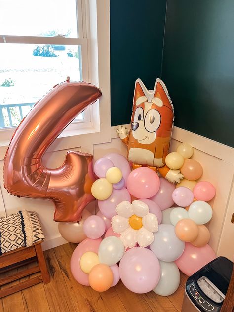 BLUEY 4th BIRTHDAY PARTY IDEAS • pastel pink purple blue orange balloon stack • bingo • little sister • amazon balloon arch • DIY birthday balloon Bluey 4th Birthday Party, 4th Birthday Party Ideas, Balloon Stack, Fiesta Bluey, Balloon Arch Diy, Bingo Party, 5 Birthday, Bluey Bingo, Bluey Birthday