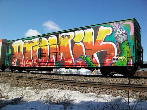 "atomik" graffiti Freight Train Graffiti, Funny Cartoon Photos, Train Graffiti, Railroad Art, Graffiti Piece, Freight Train, Graffiti Tagging, Train Art, Graffiti Murals