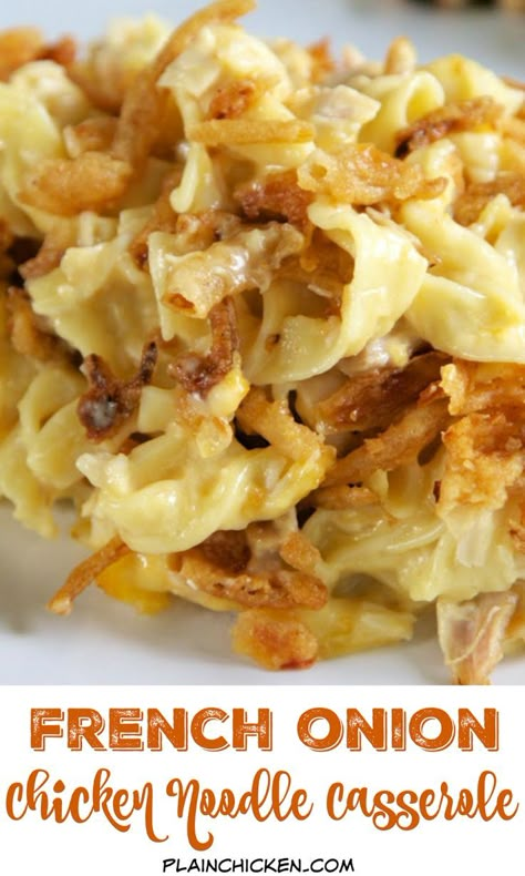 French Onion Chicken Noodle Casserole Recipe - egg noodles, french onion dip, cream of chicken soup, cheese, chicken topped with French fried onions - LOVE this casserole! Can make ahead and freezer for later. You can even split it between two foil pans - one for now and one for the freezer. Super easy main dish with only 6 ingredients that tastes great! Everyone RAVES about this casserole! Chicken Noodle Casserole Recipe, Vegan Probiotics, Noodle Casserole Recipes, French Onion Chicken, Chicken Noodle Casserole, French Onion Dip, French Fried Onions, Onion Chicken, Noodle Casserole