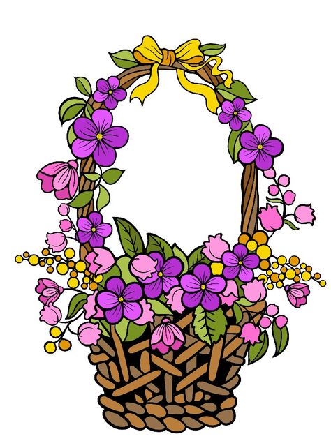 Basket Of Flowers Drawing, Basic Drawing For Kids, Flowers Basket, Basket Drawing, Flowers Drawing, Basket Of Flowers, Basic Drawing, Purple Wallpaper Iphone, Coloring Book Art