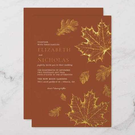 Boho Vintage Leaves Rustic Fall Terracotta Wedding Foil Invitation Fall Terracotta Wedding, Fall Wedding Burnt Orange, Autumn Boho Wedding, Laura Price, Wedding Burnt Orange, Autumn Wedding Invitations, Minimalist Autumn, Boho Wedding Invitation Template, Elegant Fall Wedding