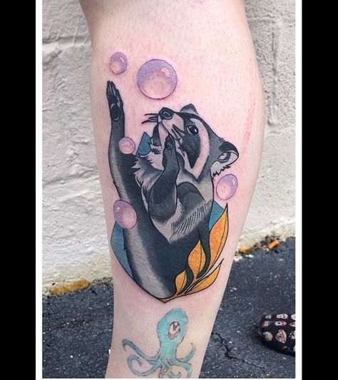 Raccoon Tattoo, Trash Pandas, Baby Tattoo, Trash Panda, Baby Tattoos, Tat Ideas, Tattoo Work, Tattoo Inspo, Color Tattoo