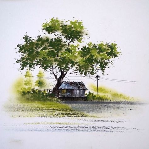 Oil pastel drawing - beautiful landscape with a small house and a tree | oil pastel, landscape, drawing, tutorial | Drawing of a beautiful mini house and a tree - oil pastel landscape drawing tutorial | By Morning Drizzle Watercolor Simple Landscape, Oil Pastel Scenery Landscape Paintings, Watercolor Paintings Scenery, Pastel Landscape Drawing, Swamp Scene, Watercolor Scenery Painting, Landscape Drawing Tutorial, Theatrical Scenery, Using Oil Pastels