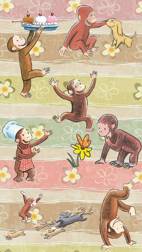 Curious George in the spring time Curious George Background, Curious George Poster, Curious George Wallpaper Iphone, Vintage Curious George, Curious George Aesthetic, Curious George Wallpaper, Cute Collage Wallpaper, George The Monkey, Halloween Breakfast