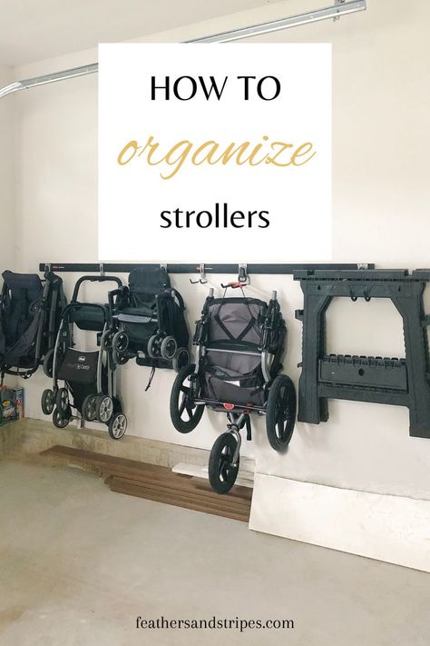 Stroller Organizer Diy, Stroller Organization, Stroller Storage, Diy Garage Work Bench, Garage Wall Storage, Garage Storage Inspiration, Diy Garage Storage Cabinets, Garage Renovation, Shed Organization