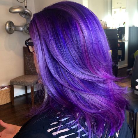 Hair by Ashley Reneé in Houston, Tx Spectra Hair Dye, Purple Calico Hair, Different Shades Of Purple Hair, Shades Of Purple Hair, Strawberry Leopard Hair Color Prismatic Purple, Inspo Reference, Purple Prism Hair, Vibrant Red Purple Hair, Vibrant Violet Hair