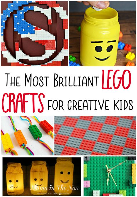 Creative LEGO crafts for kids of all ages. Creative craft ideas using LEGO. Create with LEGO. #LEGO #LEGOFun #LEGOCrafts #LEGOIdeas #CraftsforKids #MamaintheNow Lego Craft Ideas, Lego Crafts For Kids, Lego Painting, Lego Sign, Lego Balloons, Lego Crayons, Lego Crafts, Diy Photo Ornaments, Lego Camp