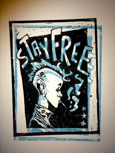 Reduction Block Printing, Lino Print Typography, Punk Lino Print, Punk Linocut, Lino Poster, Silkscreen Printing Ideas, Lino Cut Ideas, Screen Printing Ideas, Lino Cut Art