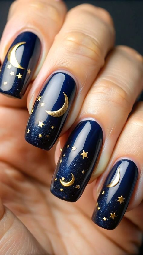 Navy And Gold Manicure, Moon Stars Nail Art, Navy Celestial Nails, Celestial Gel Nails, Gold And Dark Blue Nails, Blue November Nails, Moon And Stars Nail Designs, Navy Nails With Stars, Navy Blue Nails With Stars