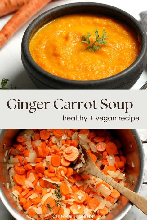 Carrot soup is the ultimate bright, healthy soup for cold-weather days. This vegan carrot ginger soup recipe is only a few ingredients, but big on flavor. This fall soup is great for dinner and winter meals. Vegan soup recipes never tasted so good. #carrotsoup #carrotsouprecipes #fallsoups #vegan #healthyrecipe #souprecipe #carrotgingersoup via @unpeeledjournal Vegan Carrot Ginger Soup, Vegan Richa Recipes, Carrot Soup Instant Pot, Roasted Carrot Soup Recipes, Carrot Ginger Soup Recipe, Roasted Carrot Soup, Meals Vegan, Breakfast Soup, Carrot Ginger Soup