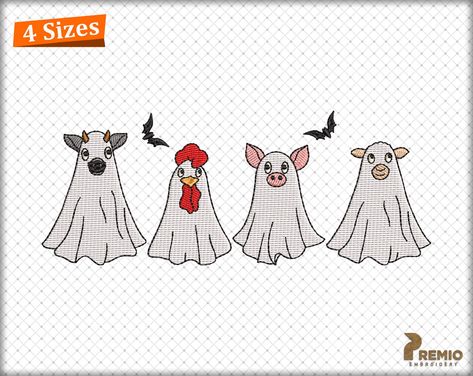 "Four Halloween Animal Ghosts Embroidery Design, Chicken Turkey Ghosts, Dog Ghost Embroidery Design, Halloween Farm Machine Embroidery Files Instant Digital Downloads This embroidery design is available in 4 sizes: Size 1: 4.81\" x 1.91\" (Stitches: 10473) Size 2: 5.81\" x 2.31\" (Stitches: 13491) Size 3: 6.81\" x 2.70\" (Stitches: 17010) Size 4: 7.51\" x 2.98\" (Stitches: 19557) The downloadable attachment contains the following formats: ART - Bernina DST - Tajima EXP - Melco HUS - Husqvarna, V Halloween Farm Animals, Ghosts Embroidery, Ghost Animals, Halloween Farm, Chicken Tattoo, Dog Ghost, Ghost Embroidery, Window Mural, Halloween Embroidery Designs