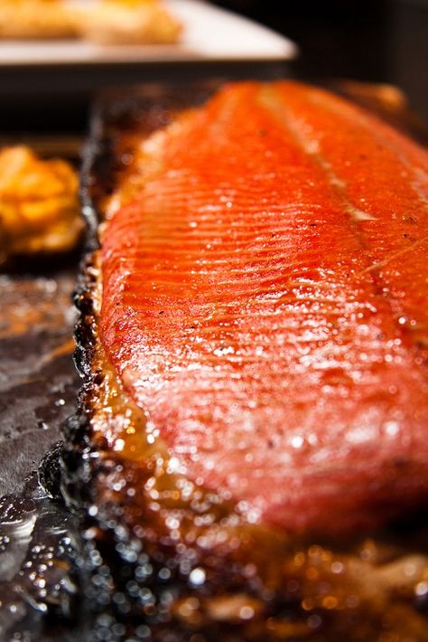 Bobby Flay's Honey & Bourbon Glazed Planked Salmon Recipe Black Bean Puree, Kamado Recipes, Kamado Grill Recipes, Harmonic Convergence, Bourbon Honey, Bean Puree, Dinners For Two, Chef Bobby Flay, Dinner Seafood