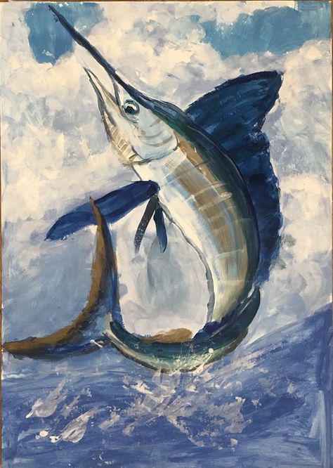 Swordfish. Fish. Sea Life. Echoes Lockdown Gallery. Acrylic painting. Sea landscape. Fish on the waves. Sea painting. Cloud sky. Nature painting. Big fish. Blue water. Swordfish Painting Acrylic, Sail Fish Painting, Sea Life Painting Acrylic, Swordfish Painting, Sailfish Painting, Swordfish Drawing, Acrylic Fish Painting, Fish Painting Acrylic, Fish Acrylic Painting