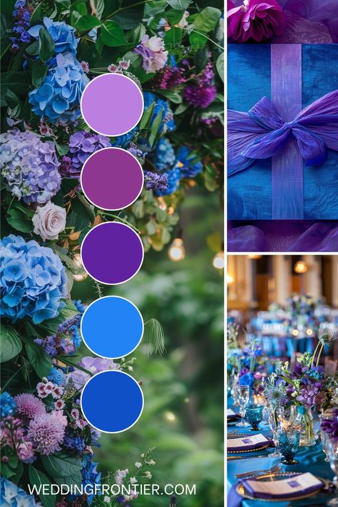 Blue and purple wedding theme ideas for a cool, elegant combination. Light Blue Purple Wedding, Purple And Blue Rustic Wedding Ideas, Purple And Navy Wedding Theme, Pink Purple And Blue Wedding Colors, Purple And Blue Spring Wedding, Jewel Colours Wedding, Purple And Dark Blue Wedding, Cyan Wedding Theme, Blue And Purple Wedding Ideas