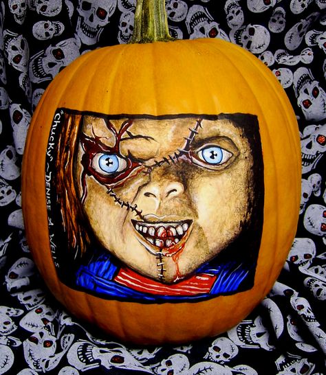 That creepy little guy Chucky from the horror movie 'Childs Play'. An acrylic painting on a real pumpkin.... Pumpkin Painting Ideas Scary, Halloween Pumpkin Painting Ideas, Disney Pumpkin Painting, Halloween Pumpkin Painting, Pumpkin Inspiration, Chucky Halloween, Scary Pumpkin Faces, Halloween Diorama, Pumpkins For Halloween