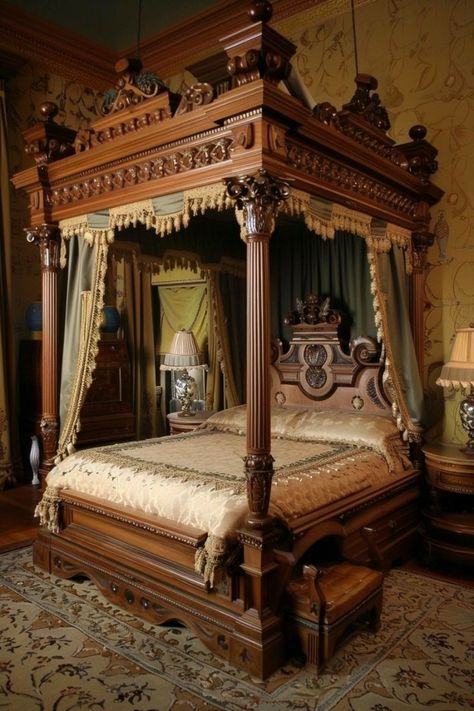 Victorian Mansion Interior Bedrooms, Victorian Bed Frame, Mansion Interior Bedroom, Victorian Mansion Interior, Canopy Bed Ideas, Victorian Bed, Victorian Accessories, Intimate Space, Luxury Bedroom Furniture