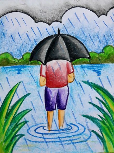 Senary Drawing Kids, Monsoon Drawings For Kids, Drawing For 3rd Class Students, Easy Senary Drawings, Scenary Paintings For Kids, Scenary Drawings For Kids, Oil Pastel Drawing For Kids, Pretty Woman Aesthetic, Goa Wallpaper