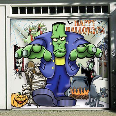 Garage Halloween, Garage Door Mural, Halloween Garage Door, Halloween Garage, Garage Door Decor, Door Mural, Frankenstein Halloween, Door Murals, Scary Pumpkin