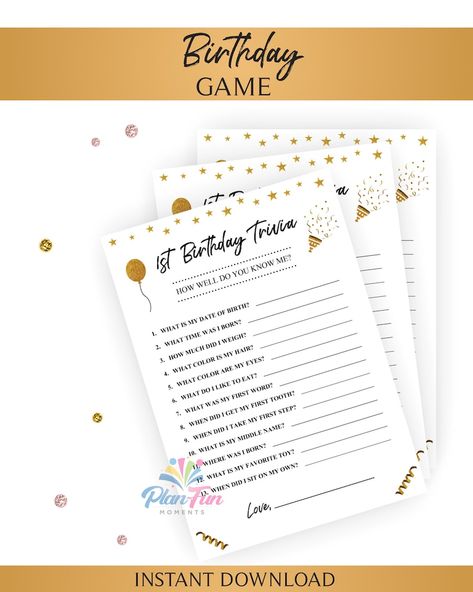 1st Birthday Trivia. How Well Do You Know Me Party Game. Gold - Etsy Ireland 1st Birthday Trivia, Birthday Trivia, 1st Birthday Party Games, First Birthday Game, 1st Birthday Wishes, Anniversary Party Games, Anniversary Games, Rainbow First Birthday, Gold First Birthday