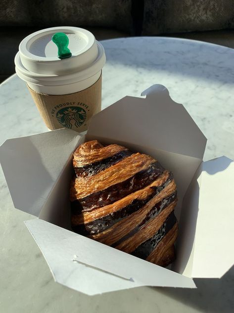 Freshly made chocolate croissant with hot brewed coffee. Chocolate Croissant, Brewed Coffee, Coffee Brewing, Hot Coffee, Hot Chocolate, Takeout Container, Pastry, Coffee