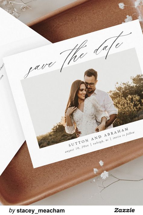 An elegant script photo save the date card with horizontal photo and minimal text. Horizontal Save The Date, Minimal Text, Save The Date Ideas, Wedding Announcement Cards, Photo Save The Date, Minimalist Wedding Invitations, Date Ideas, Save The Date Card, Unique Wedding Invitations