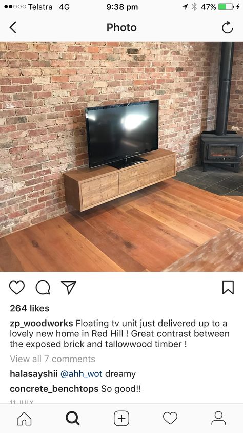 Brick Wall Tv, Industrial Brick Wall, Floating Tv Unit, Floating Tv, Red Hill, Exposed Brick Walls, Tv Wall Unit, Exposed Brick, Tv Unit