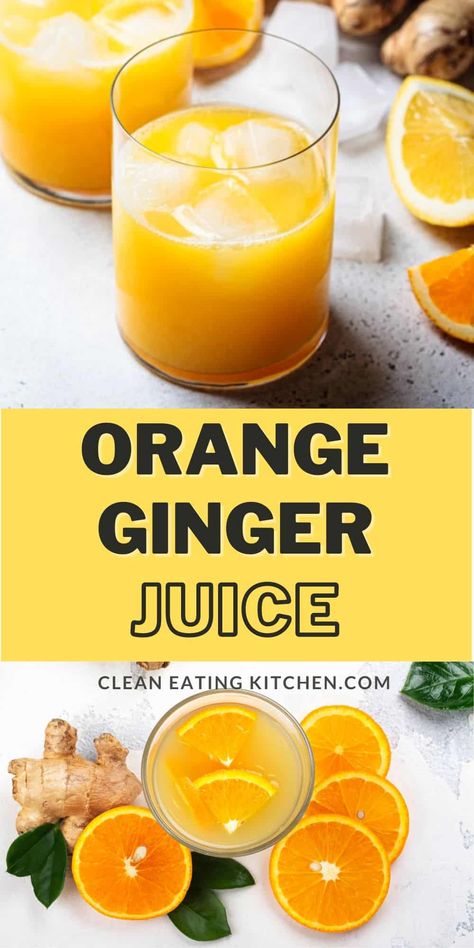 This Orange Lemon Ginger Juice is a delicious alternative to regular orange juice. The combination of flavors is invigorating and the ingredients are healthy and full of anti-inflammatory properties. Juicing Shots, Orange Ginger Juice, Ginger Drink Recipe, Ginger Juice Recipe, Fresh Juice Recipes, Ginger Detox, Fruit Juice Recipes, Veggie Juice, Ginger Drink