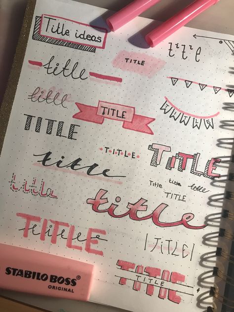 Pink bullet journal titles Collected all my favourite and easy titles :) • black pen •stablo boss highlighter • crayola super tips 💕 Aesthetic Highlighter Writing, Title Ideas With Highlighters, Highlighter Title Ideas, Black Pen Border Design, Highlighter Header Ideas, Highlighter Titles, Highlighter Fonts, Easy Highlighter Doodles, Easy Titles Ideas