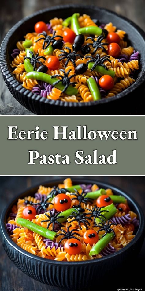 Get ready to serve up some spooky fun with this Eerie Halloween Pasta Salad! It's not only a treat for the eyes with vibrant colored pasta, cherry tomatoes, and creepy spiders, but also a delightful mix of flavors that everyone will love. Perfect for your Halloween gathering, this dish is sure to delight both kids and adults alike. Let's bring a little eerie charm to our food! Halloween Pasta Salad, Pasta Cherry Tomatoes, Black Pasta, Halloween Pasta, Savory Meatballs, Colored Pasta, Spinach Artichoke Dip Recipe, Artichoke Dip Recipe, Yummy Fall Recipes