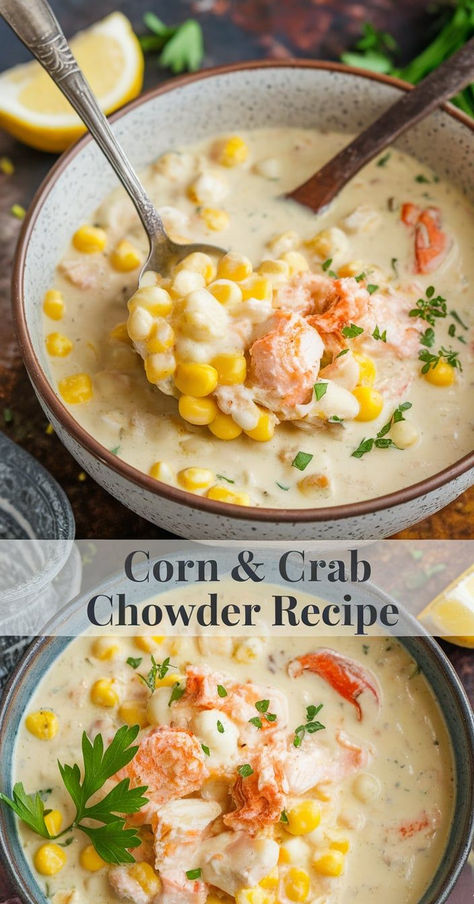 Savor the coastal flavors of this Corn and Crab Chowder. A creamy, satisfying soup with tender crab meat and sweet corn, ideal for a warm, comforting meal. Crab Dishes Dinners Meals, Best Crab Recipes, Crab Rangoon Soup, Crab Meat Recipes Dinners, Crab Recipes Dinner, Crab Corn Chowder Recipe, Corn Bisque Soup, Canned Crab Meat Recipes, Crab Pie Recipe