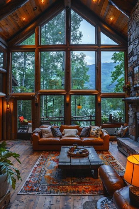 Attractive Log Cabins Big Window Cabin, Beautiful Log Cabins, Contemporary Log Cabin, Montana Style Homes, Cabin With Big Windows, Big Cabin, Log Homes Exterior, Montana Cabin, Luxury Log Cabins