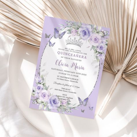 Lavender Purple Floral Butterflies Quinceañera #quinceaneramisquince15invitation #butterfliesprincesscrowntiara #budgeteconomicalprintedinvitescards #quinceanerasweet16sixteenbirthday #15th16th18thbirthdayparty #editabletemplatedigitalfile #watercolorprettyflowers #modernsilverglitteroval #pastelsoftpurplelavenderfloral #chicelegantluxelilacroses Invitations Quinceanera, Elegant Birthday Invitations, Purple Quince, Purple Invitations, Quince Invitations, Butterfly Invitations, Floral Birthday Invitations, Royal Castle, Modern Birthday