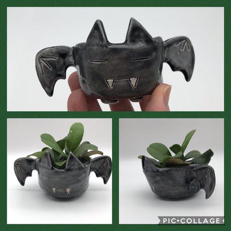 Bat Ceramic Pottery, Goth Ceramic Art, Gothic Pottery Ideas, Goth Clay Projects, Goth Ceramics, Gothic Ceramics, Bat Pottery, Goth Pottery, Witchy Ceramics