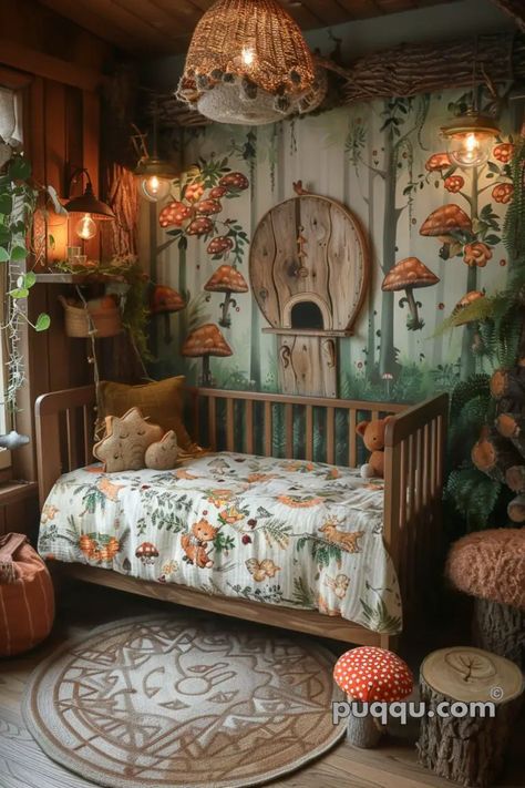 Woodland Nursery Ideas: Creating a Cozy Haven for Your Little One - Puqqu Enchanted Forest Nursery Theme Girl, Magic Forest Nursery, Mushroom Kids Room, Whimsical Garden Nursery, Cottage Core Baby Room, Toadstool Nursery, Cottagecore Nursery Girl, Cottage Core Kids Room, Cottagecore Playroom