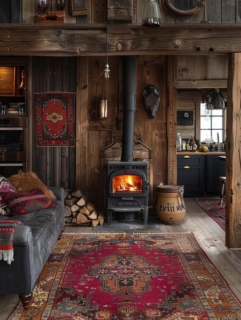 Old Hunting Cabin, Hearth Aesthetic, Moody Cabin Interior, Victorian Cabin, Cabins In The Woods Interior, Cabin Room Ideas, Old Wood Stove, Rustic Wood Flooring, Lodge Aesthetic