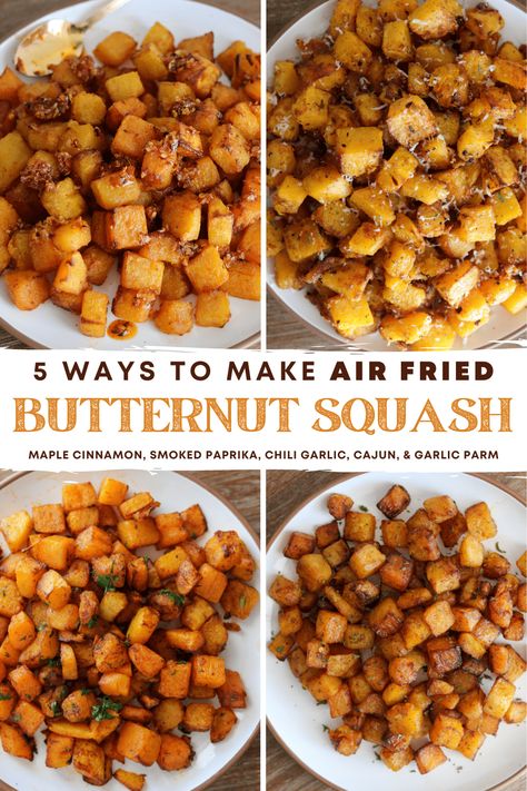 The best guide you'll find on making air fryer butternut squash. It covers everything from how to peel and cut butternut squash to making perfectly roasted butternut squash in an air fryer with 5 different flavor combinations. Heart Healthy Diet Recipes, Air Fryer Butternut Squash, Butternut Squash Side Dish, Butternut Squash Cooking, Butternut Squash Fries, Butternut Squash Recipes Roasted, Butternut Recipes, Frozen Butternut Squash, Cut Butternut Squash