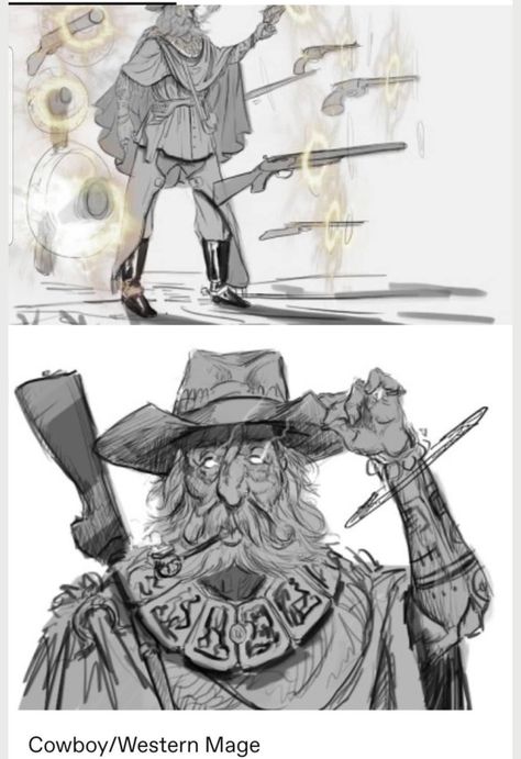 Anime Cowboy Westerns, Fantasy Western Aesthetic, Cowboy Concept Art Character Design, Fantasy Western Art, Cowboy Dnd Character, Dnd Evil Character, Character Design Cowboy, Western Dnd Character, Western Fantasy Art