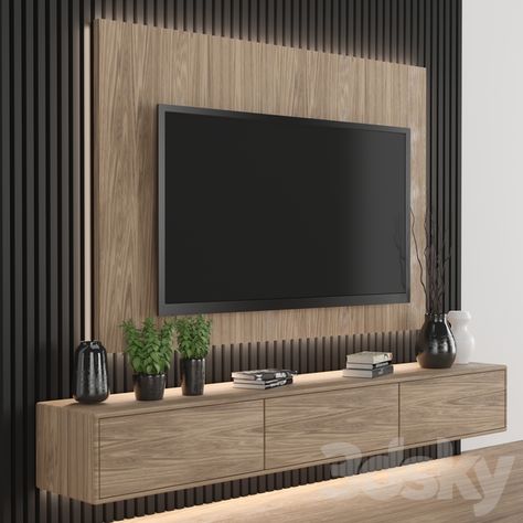 3d models: TV Wall - TV Wall 16 Wall Tv Panel Design, Tv Unit Black And Wood, Tv Wall Black And Wood, Termo Wall, Wall Penal, Coin Tv, Tv Backdrop, Timber Slats, Tv Wand