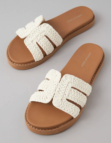 AE Crochet Slide Sandal Womens Wardrobe, White Jeans Men, Latest Sandal, Birkenstock Sandals Arizona, Fall Wardrobe Essentials, Athletic Fit Jeans, Bow Sandals, Boots Heels, New Sneakers