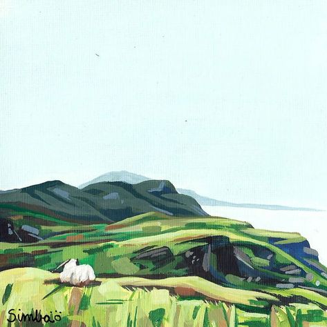 An abstract acrylic landscape painting of Sliabh Liag or Slieve Liag sea cliffs in County Donegal, North Ireland. This is part of Julia Zaremba's Acrylic Postcards project, which is a series of paintings based on travel photography from personal travels to inspiring places. Ireland Landscape Painting, Irish Aesthetic, North Ireland, Sea Illustration, County Donegal, Ireland Landscape, Art Project, Aerial View, Fine Arts